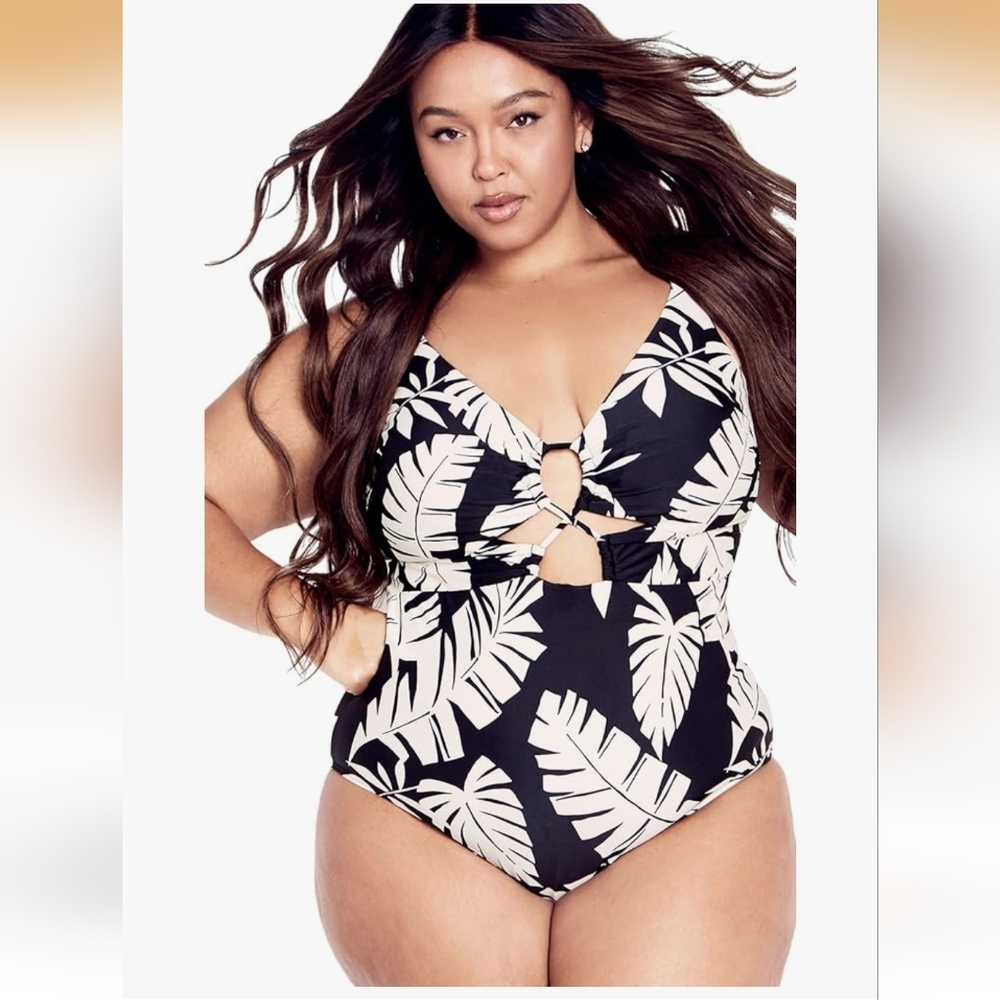 City Chic Black and Cream Leaf Print One Piece Swimsuit